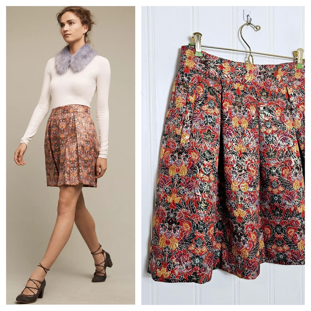 Anthropologie Maeve Rosie Skirt S Floral Brocade Metallic A-Line Red Gold Pocket